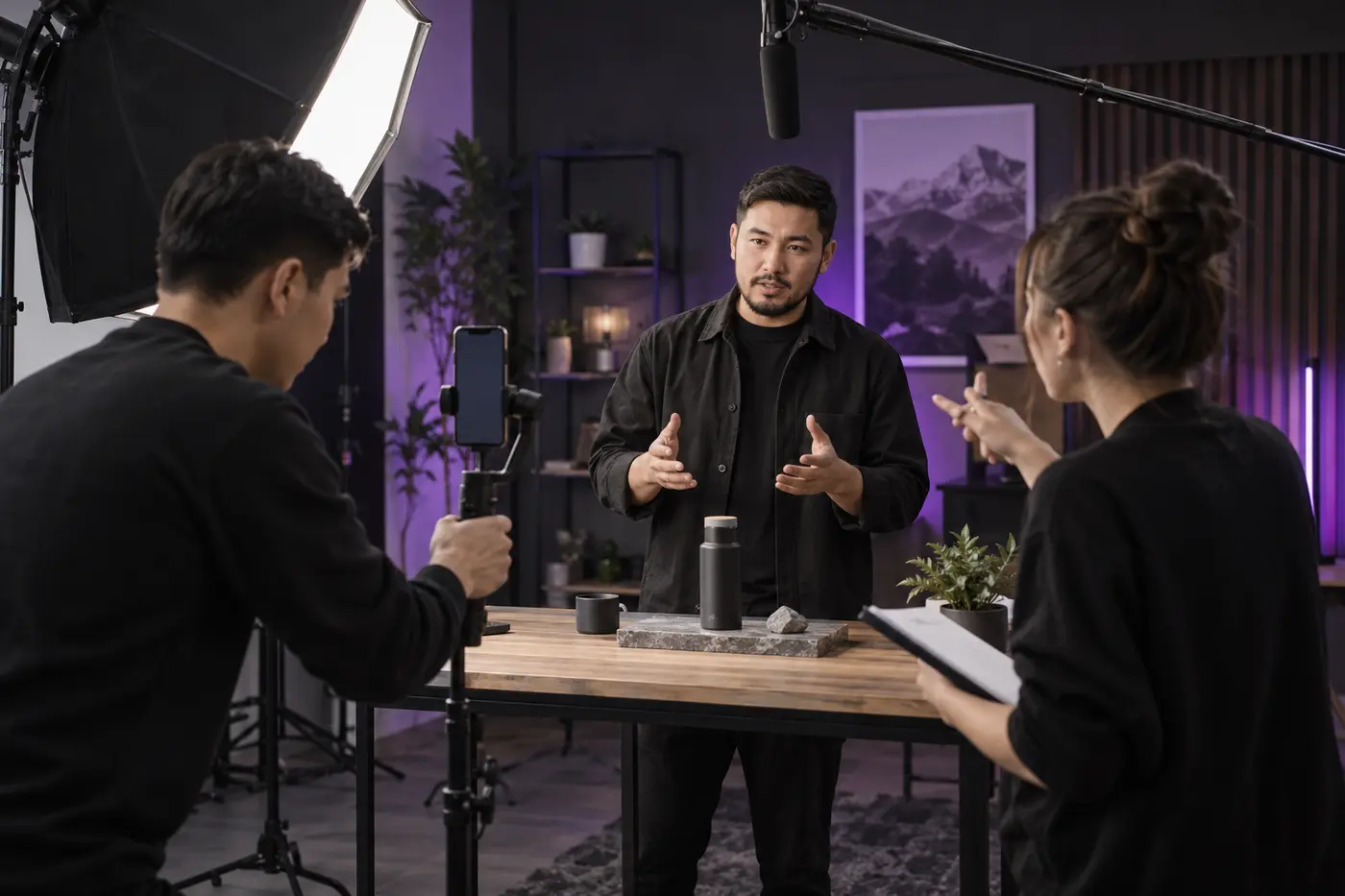 Съёмочная команда создаёт вертикальное видео для Instagram Reels
